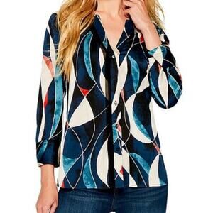 Nic + Zoe | Blue Waves Button Down Shirt Blouse Abstract Office Navy Small